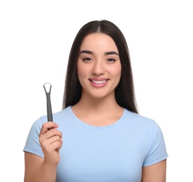 Happy woman with tongue cleaner on white background