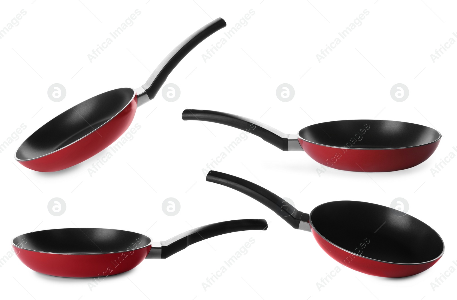 Image of Set with new frying pans on white background