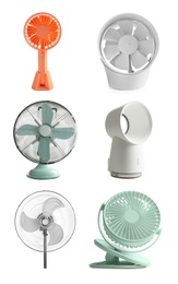 Image of Set of different fans on white background