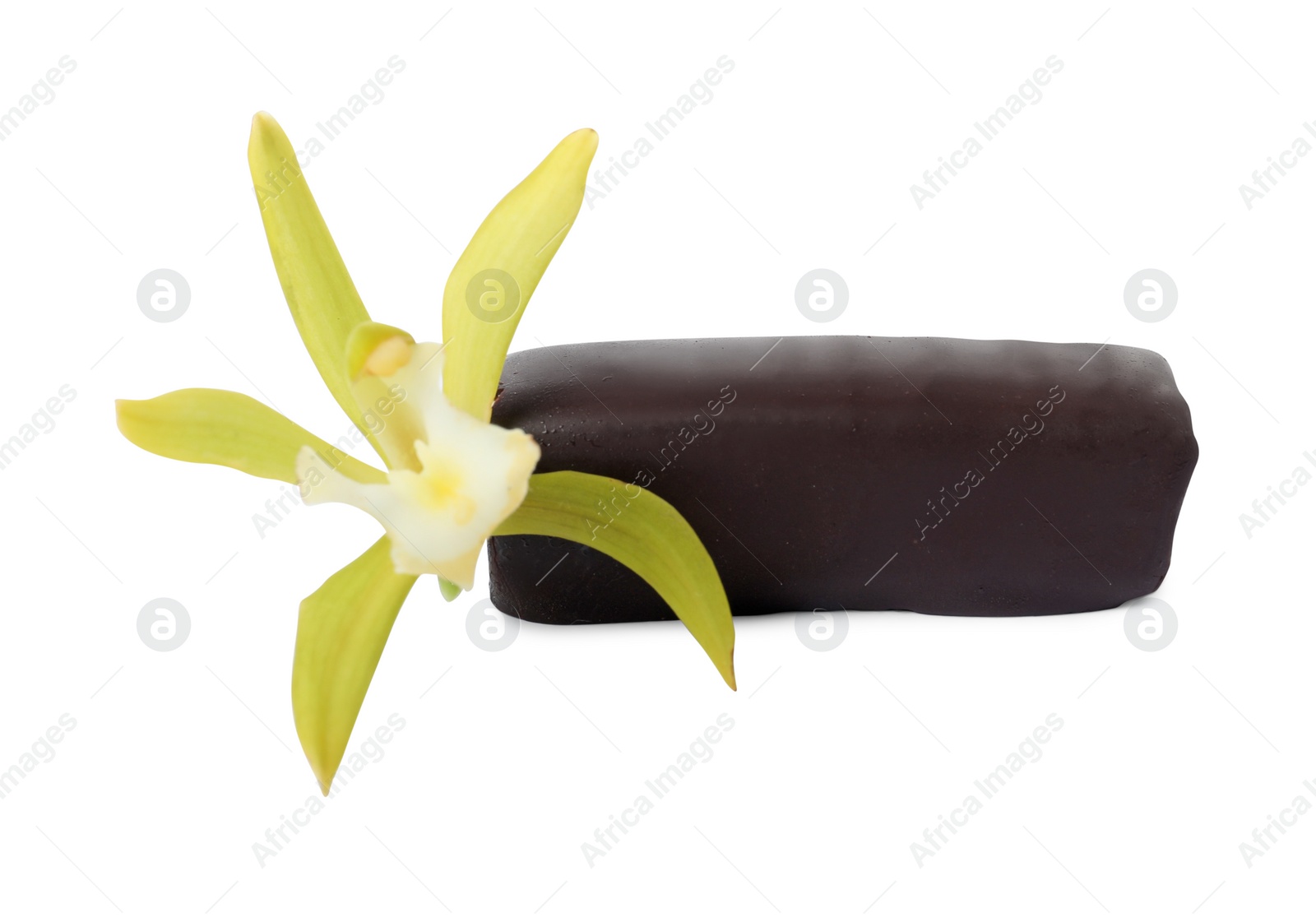 Photo of Glazed curd cheese bar and vanilla flower isolated on white