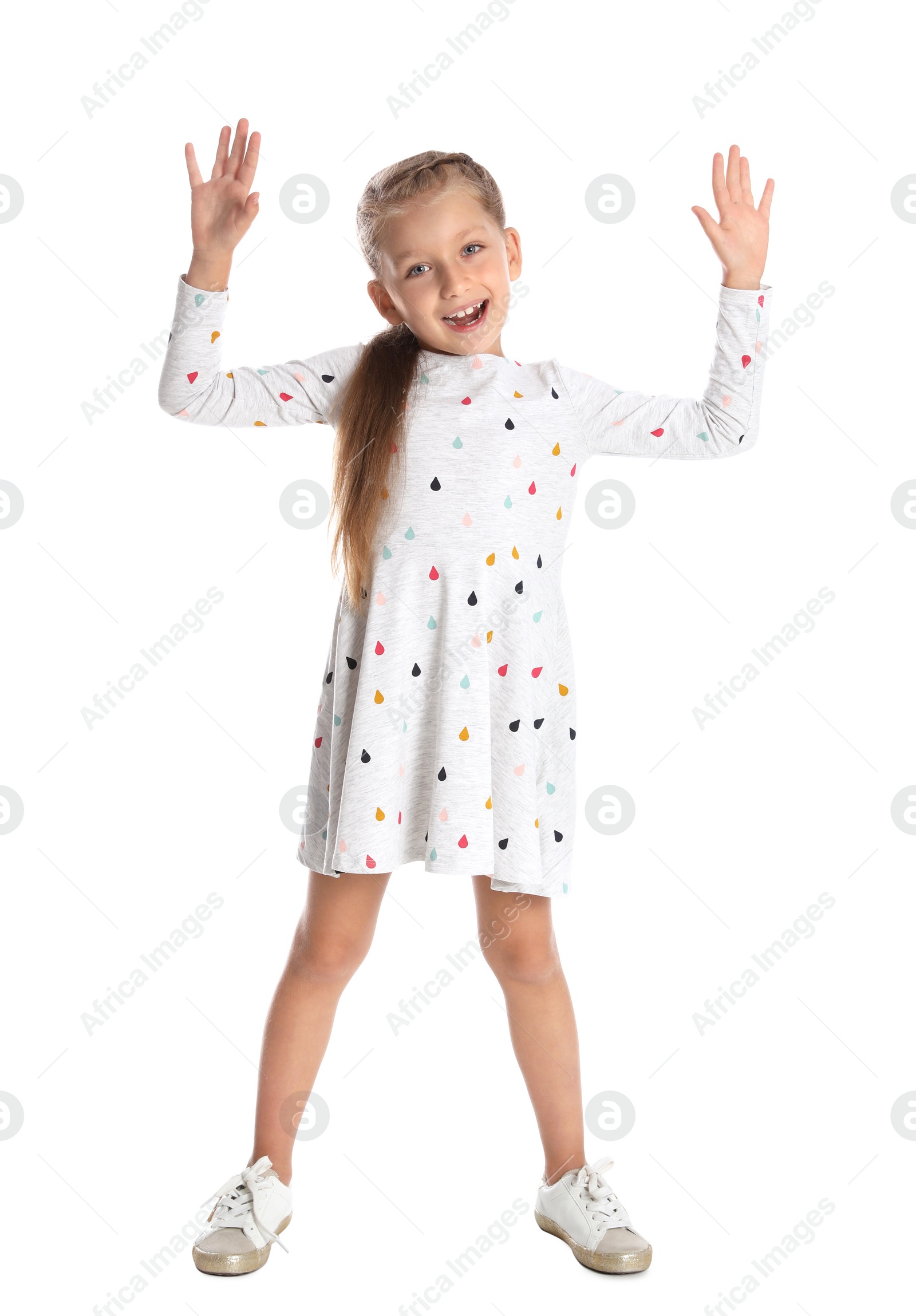 Photo of Full length portrait of adorable little girl on white background