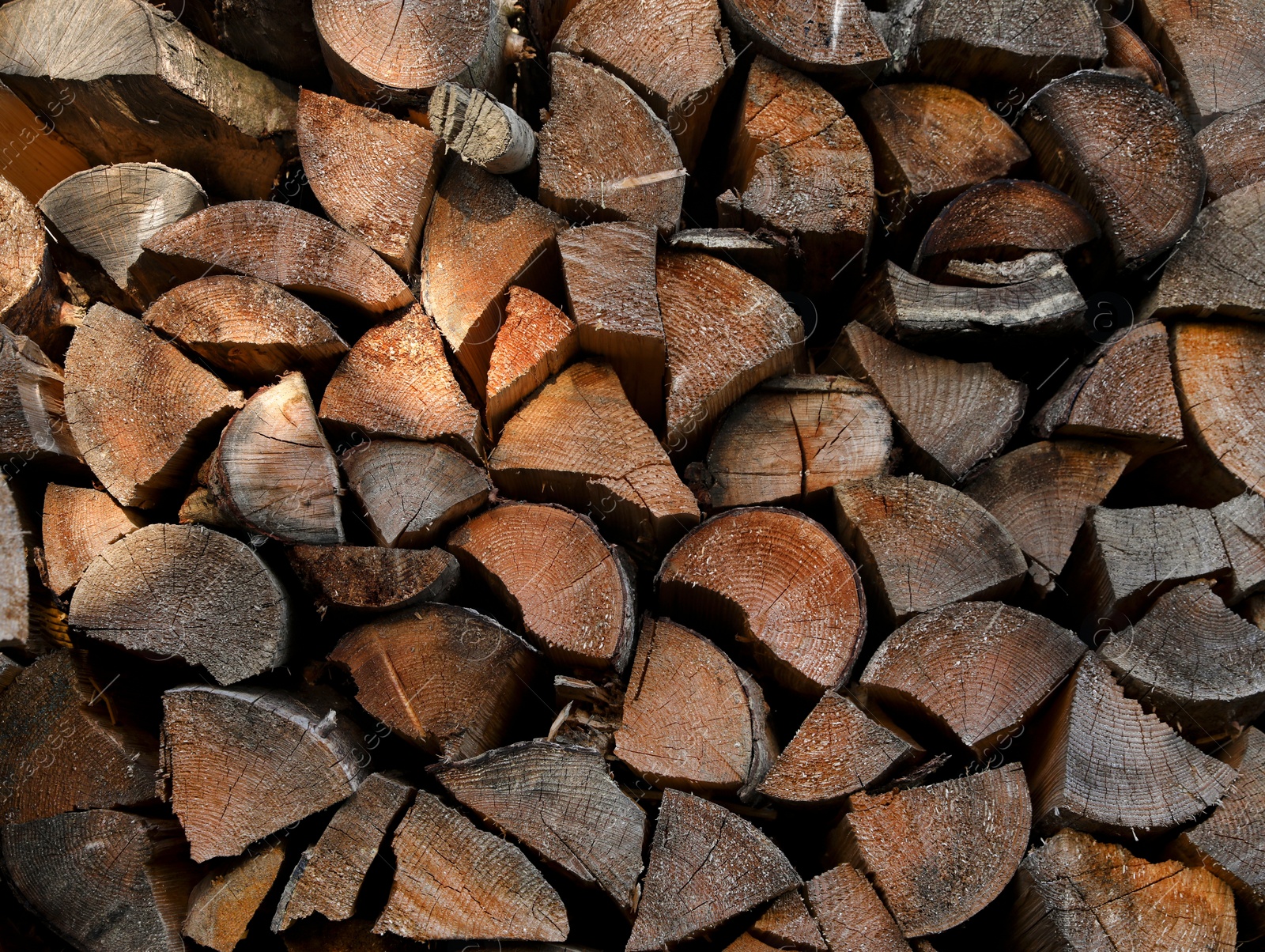 Photo of Pile of dry firewood as background, closeup