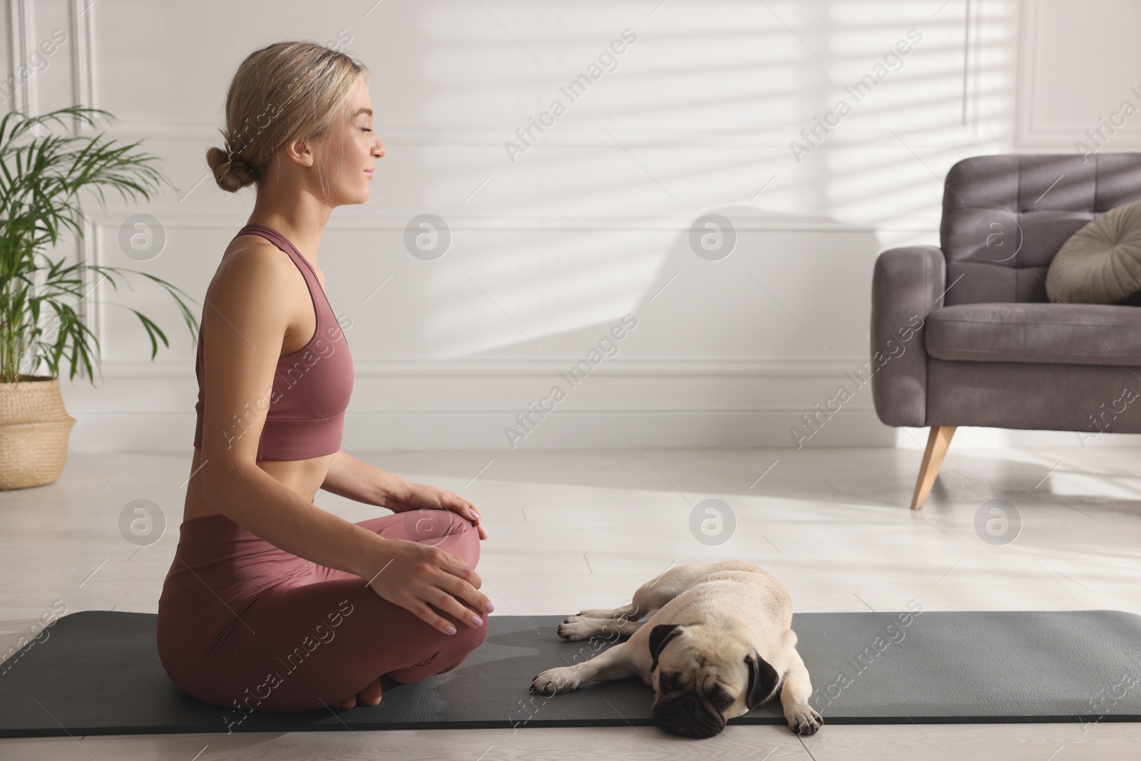 Photo of Beautiful woman with dog practicing yoga at home