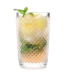 Glass with melon ball drink on white background