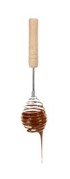Photo of Chocolate cream flowing from whisk on white background