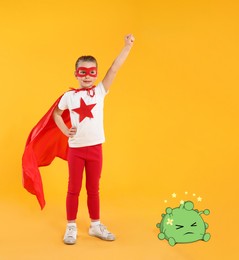 Little girl wearing superhero costume won in fight against virus on yellow background
