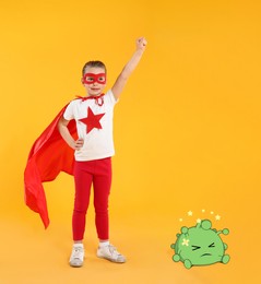 Image of Little girl wearing superhero costume won in fight against virus on yellow background