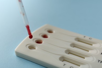 Photo of Dropping blood sample onto disposable multi-infection express test cassette with pipette on light blue background, closeup