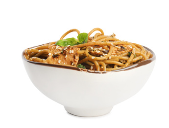 Tasty buckwheat noodles with meat in bowl on white background