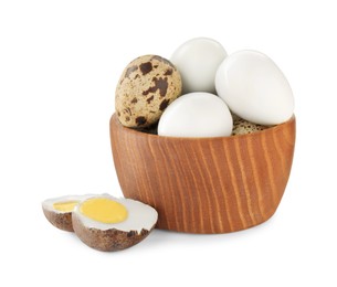 Hard boiled quail eggs in bowl on white background