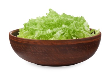 Photo of Pile of fresh ripe Chinese cabbage in bowl isolated on white