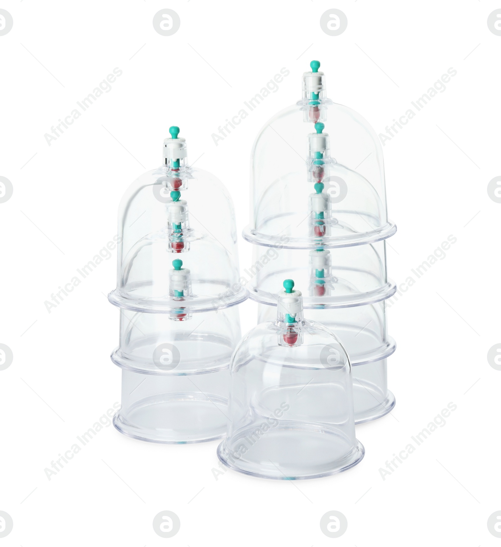 Photo of Plastic cups isolated on white. Cupping therapy