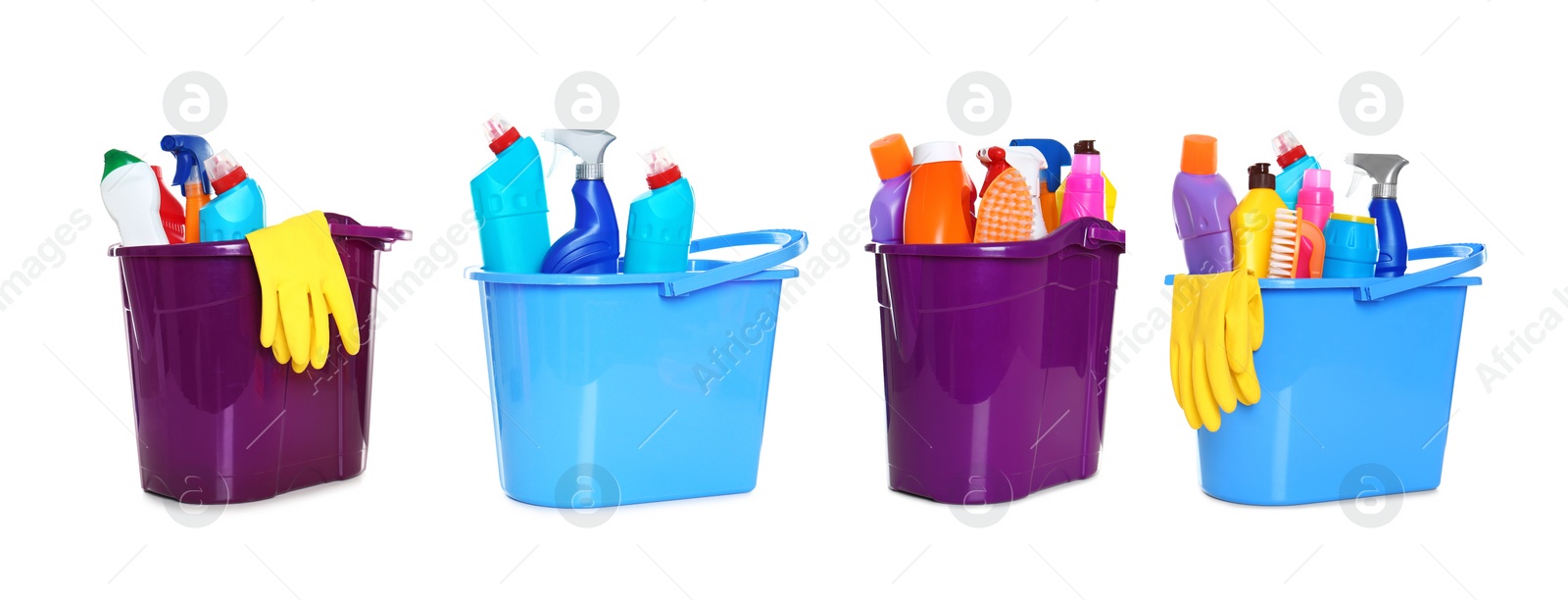 Image of Buckets with cleaning supplies on white background. Banner design