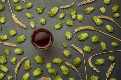 Glass of beer, fresh green hops and spikes on dark grey table, flat lay