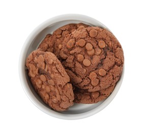 Photo of Delicious chocolate chip cookies in bowl isolated on white, top view