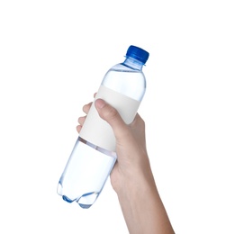 Photo of Woman holding plastic bottle with soda water on white background, closeup