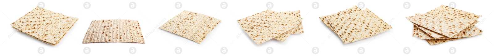 Image of Set with Passover matzos on white background, banner design. Pesach celebration