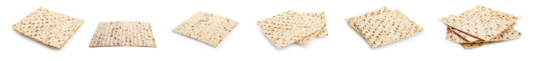 Image of Set with Passover matzos on white background, banner design. Pesach celebration