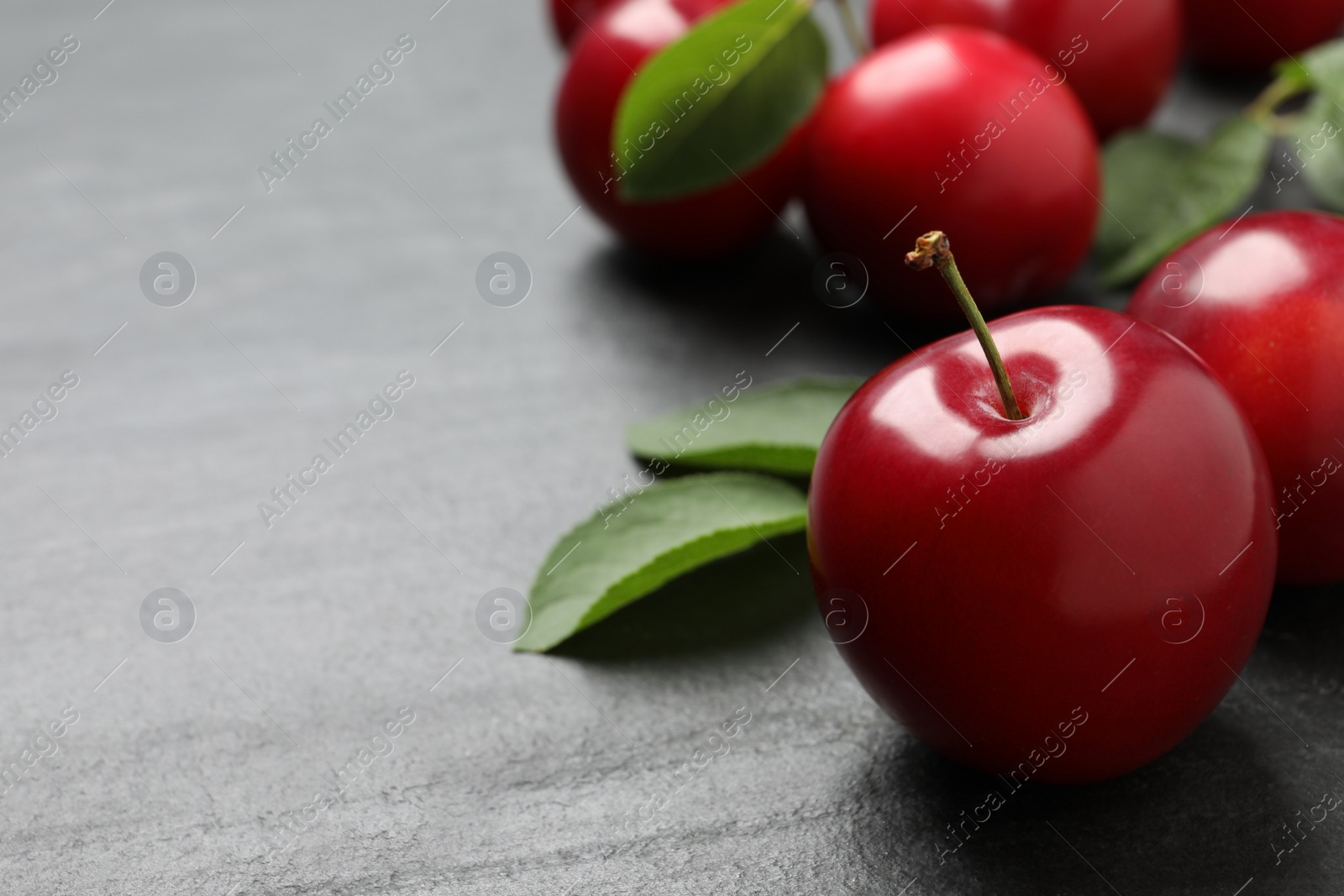 Photo of Delicious ripe cherry plums with leaves on black table, closeup. Space for text