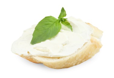 Photo of Bruschetta with cream cheese and basil leaves isolated on white
