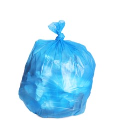 Photo of Full blue garbage bag isolated on white. Rubbish recycling