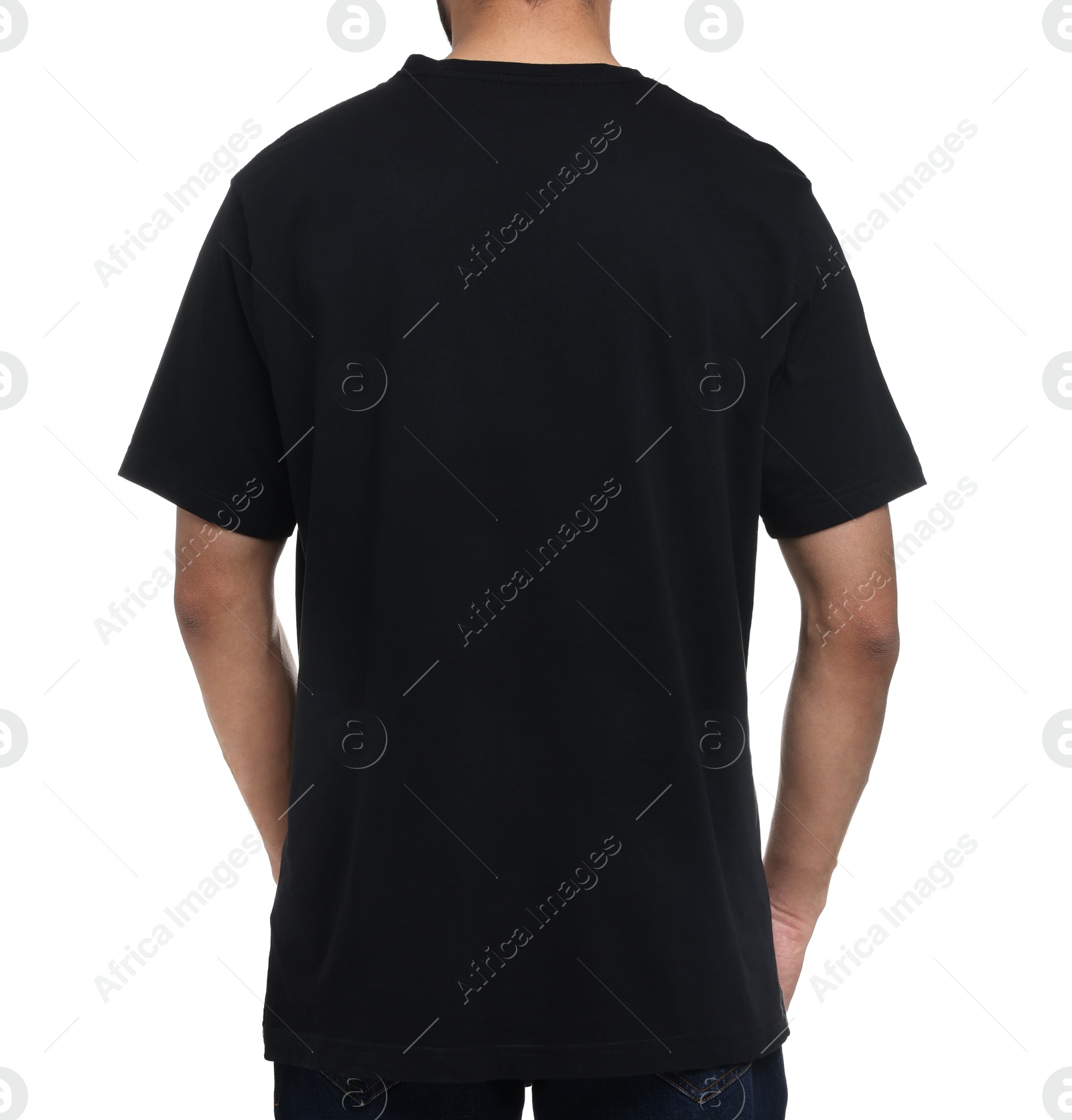 Photo of Man in black t-shirt on white background, back view