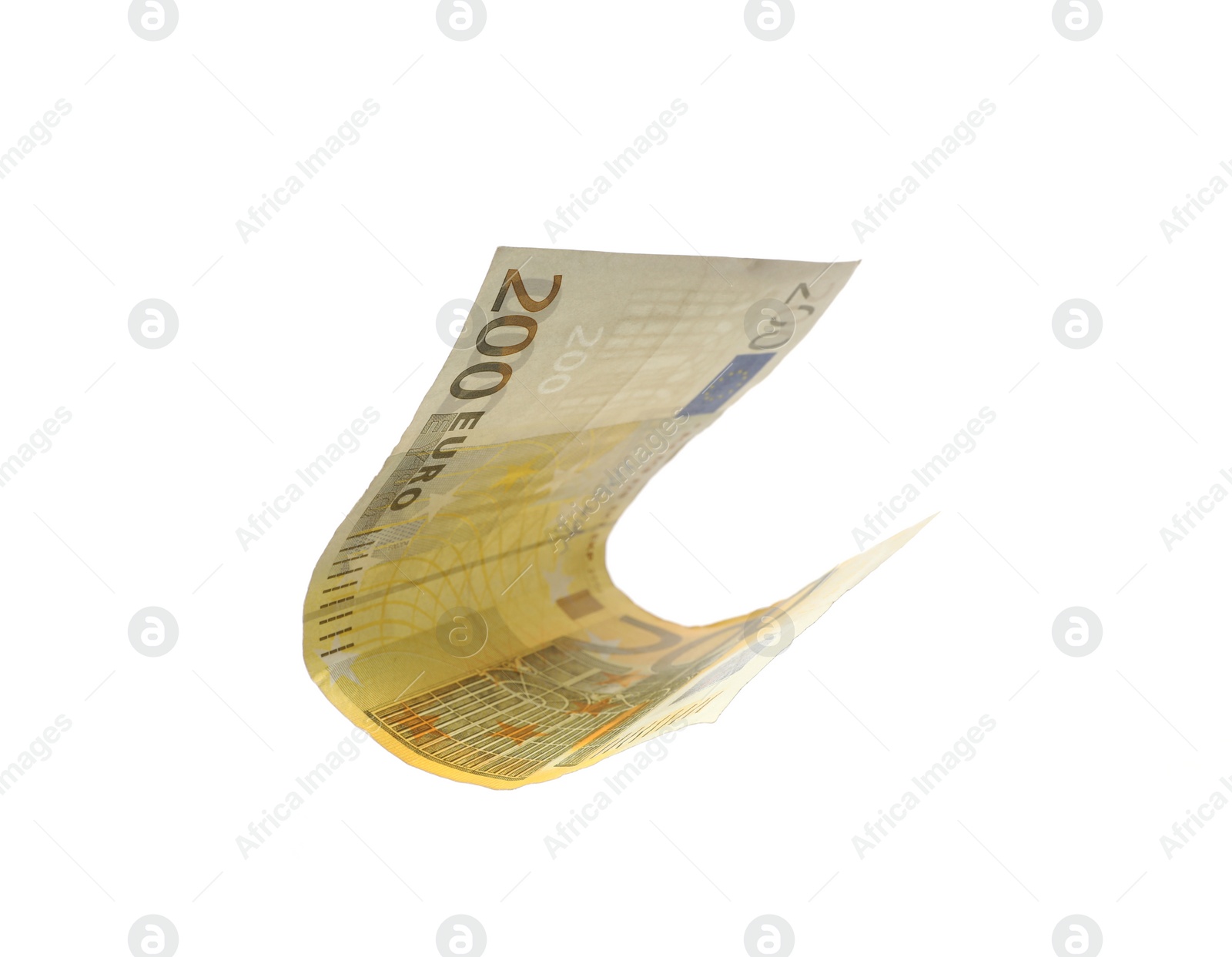 Photo of Flying two hundred Euro banknote isolated on white