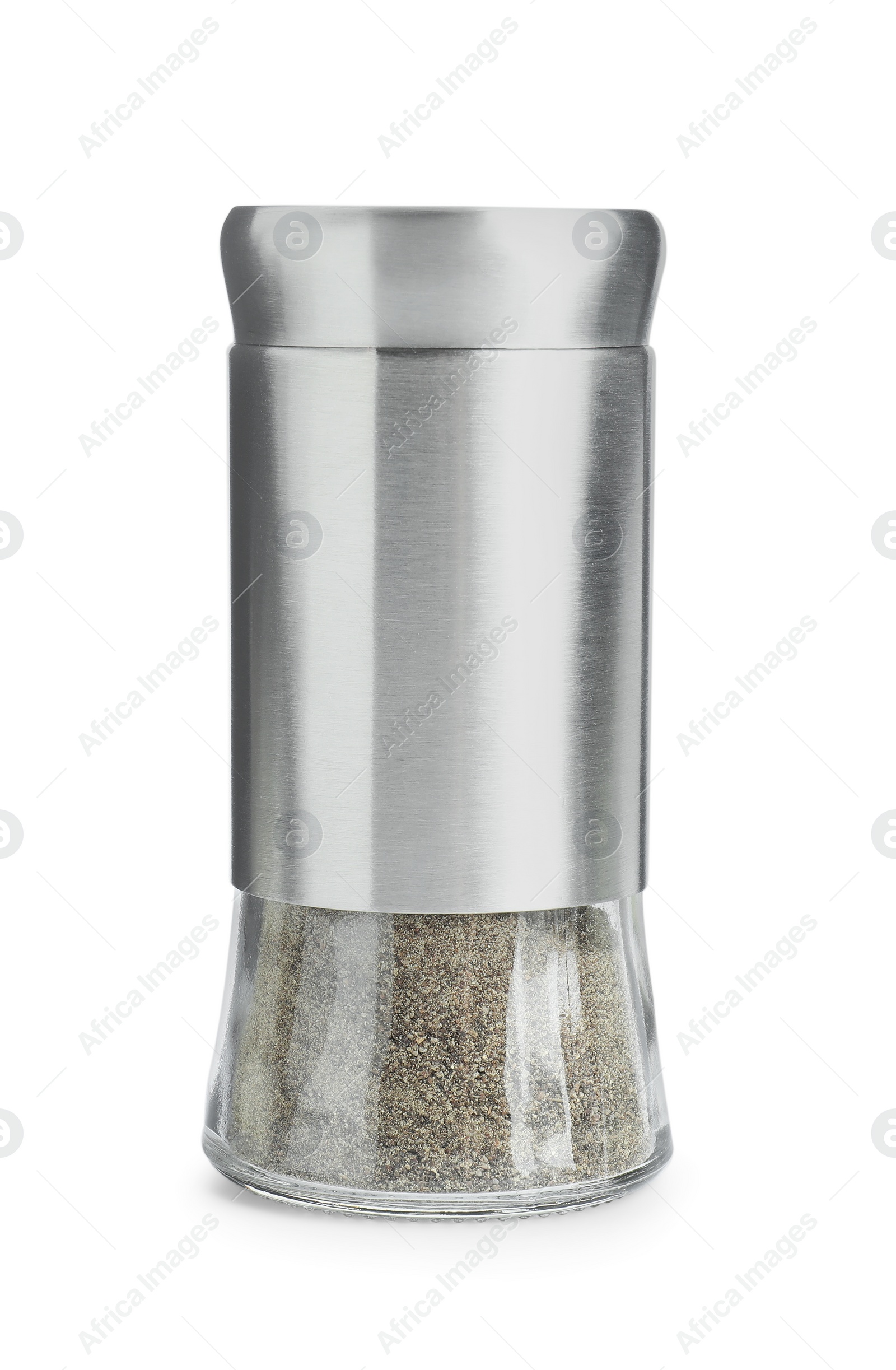 Photo of One pepper shaker isolated on white. Aromatic spice