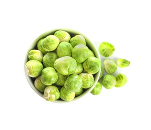 Photo of Bowl of fresh Brussels sprouts isolated on white, top view