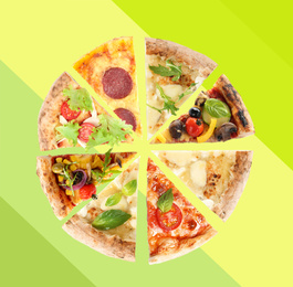 Slices of different pizzas on color background, top view 
