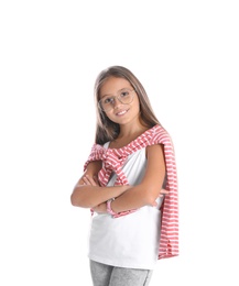 Photo of Pretty preteen girl posing against white background