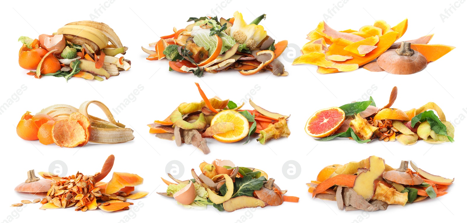 Image of Set with organic waste for composting on white background. Banner design