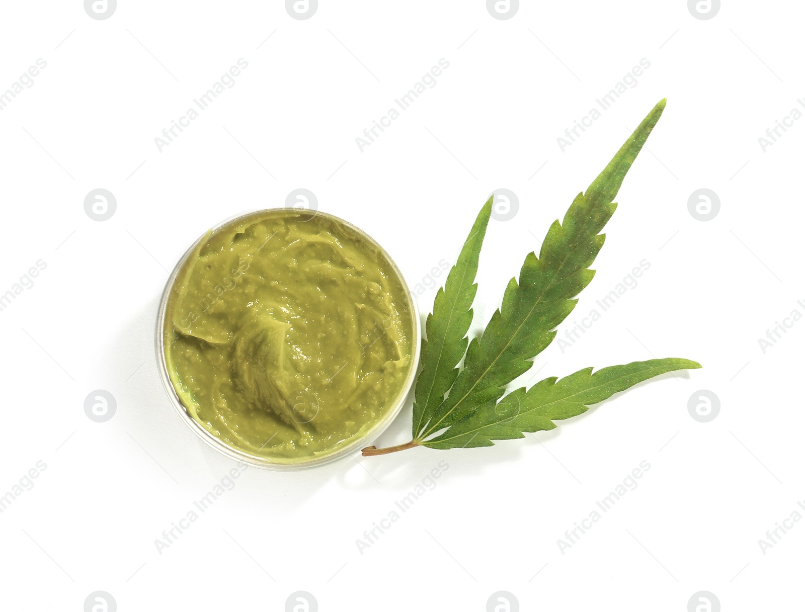 Photo of Jar with hemp lotion on white background, top view