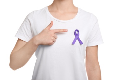 Photo of Woman with purple ribbon on white background, closeup. Domestic violence awareness