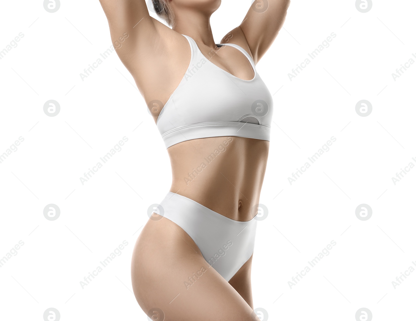 Photo of Closeup view of slim woman in underwear on white background. Cellulite problem concept