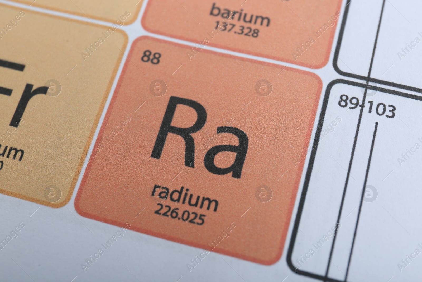 Photo of Symbol Radium on periodic table of chemical elements, closeup view