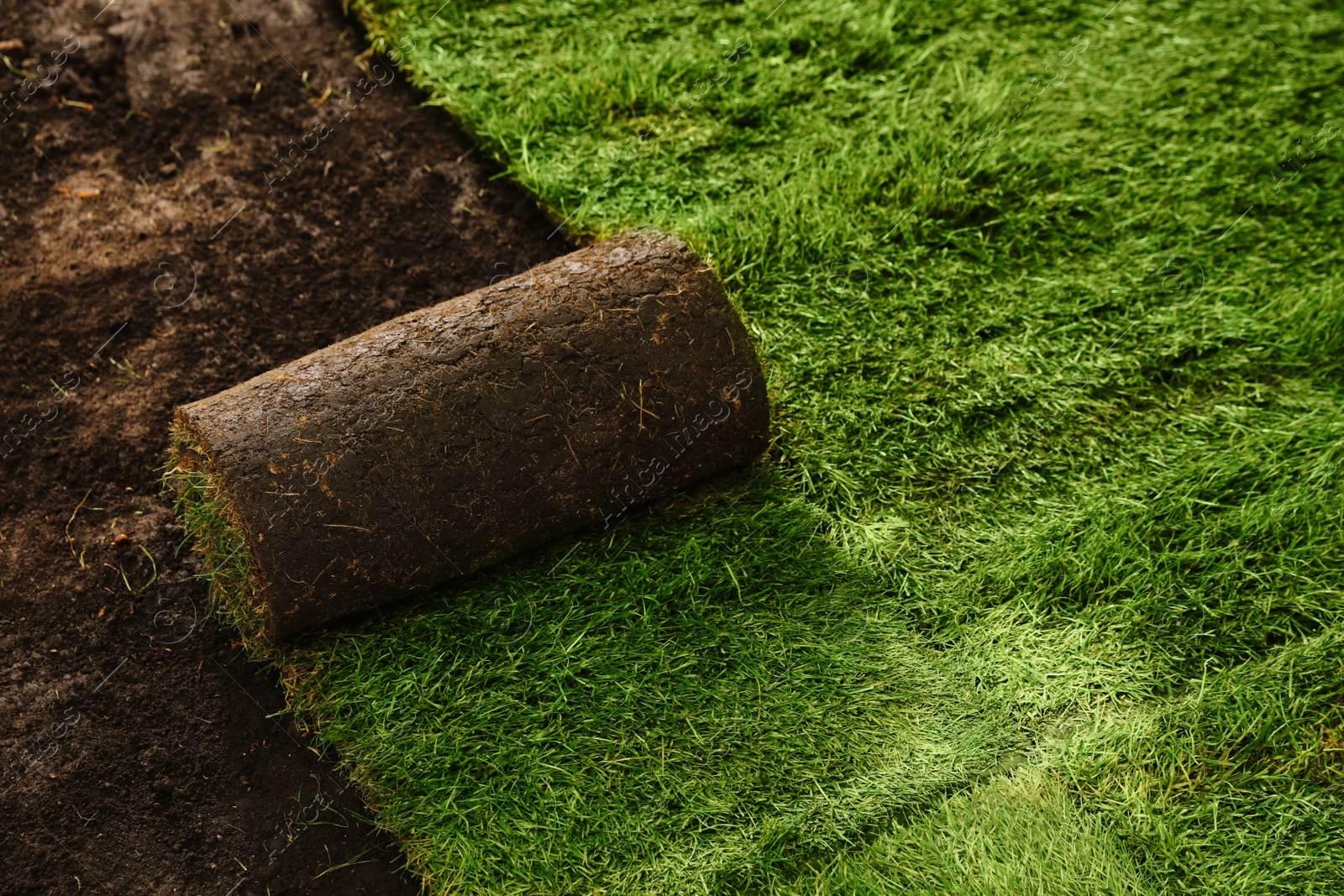 Photo of Laying grass sods at backyard. Home landscaping