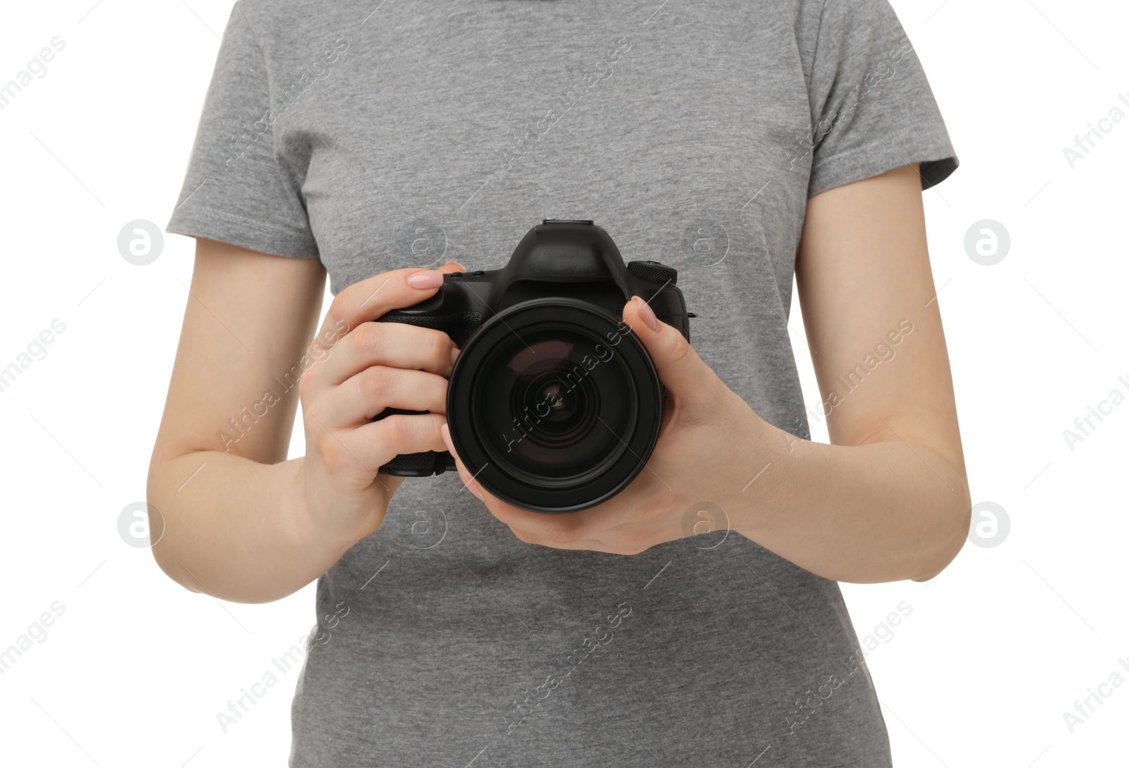 Photo of Photographer with camera on white background, closeup