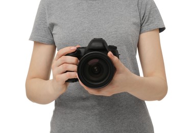 Photo of Photographer with camera on white background, closeup