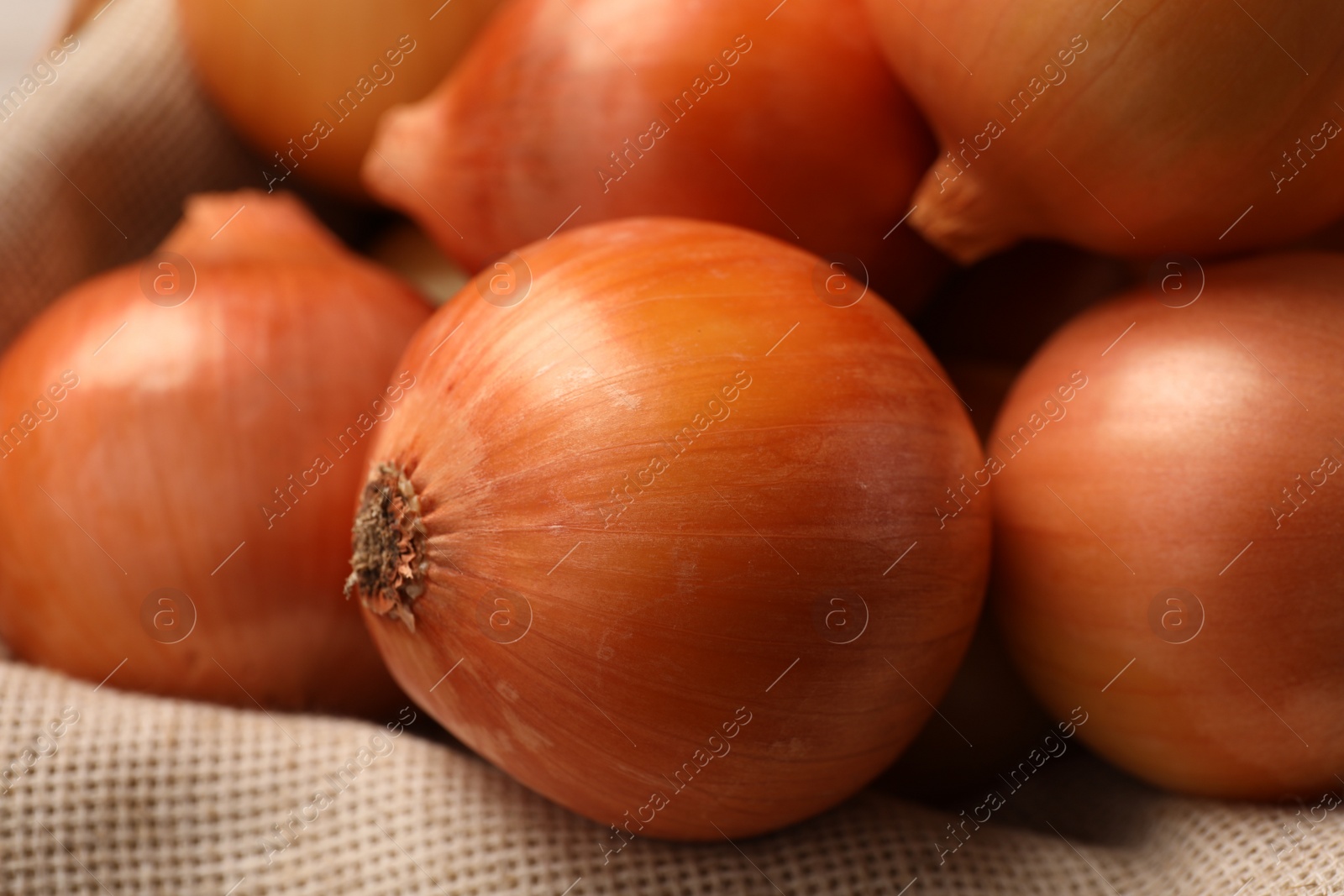 Photo of Basket with many ripe onions on wooden table, closeup