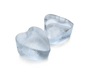 Photo of Heart shaped ice cubes on white background