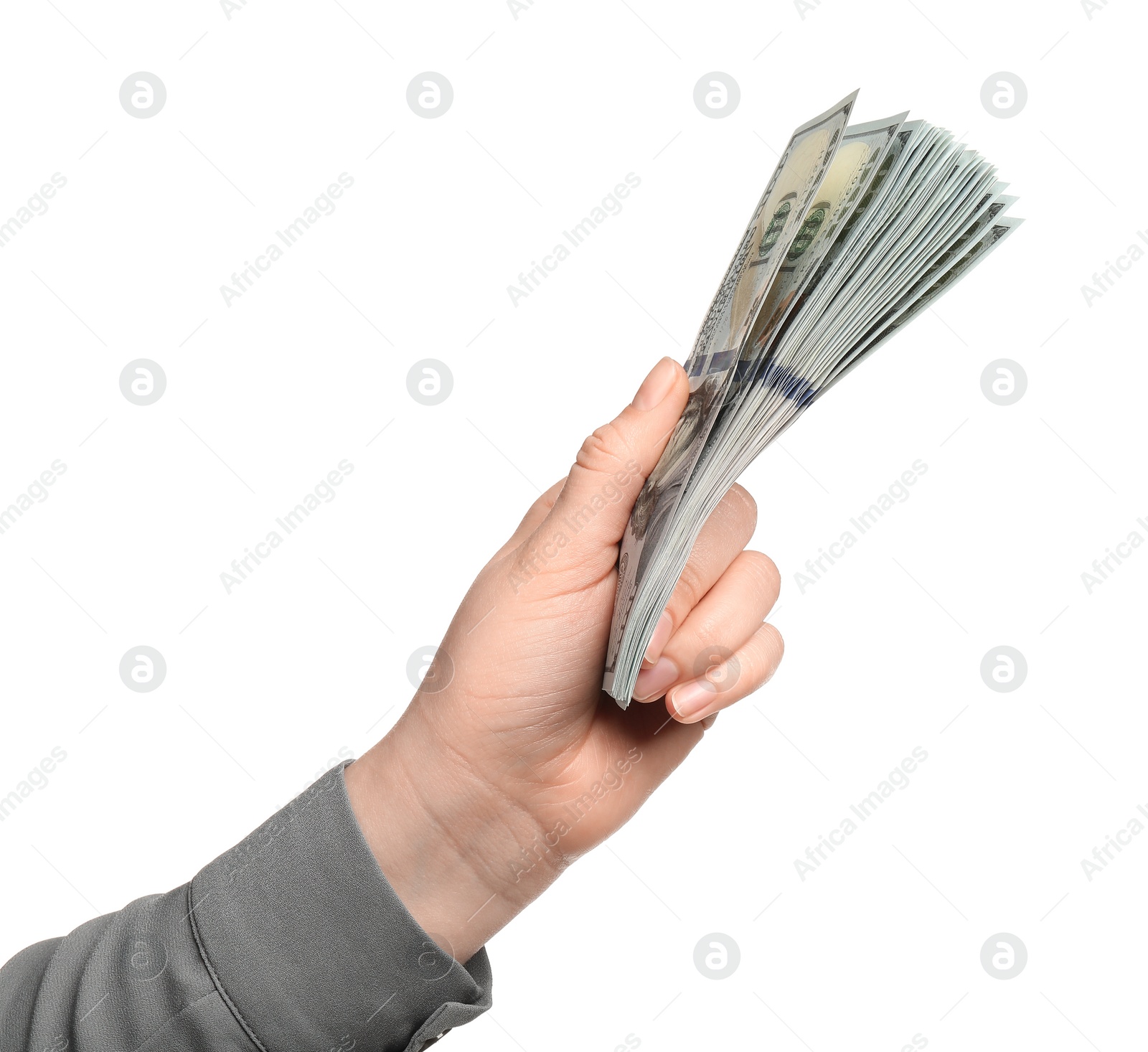 Photo of Money exchange. Woman holding dollar banknotes on white background, closeup