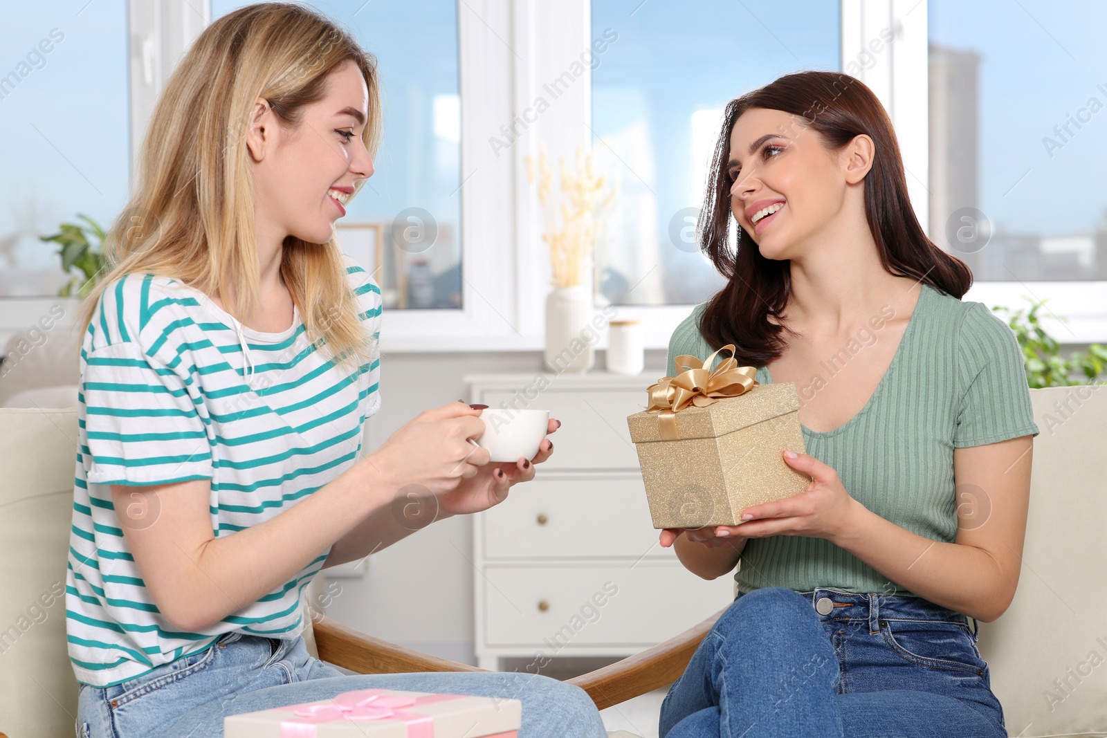 Photo of Smiling young woman presenting gift to her friend at home