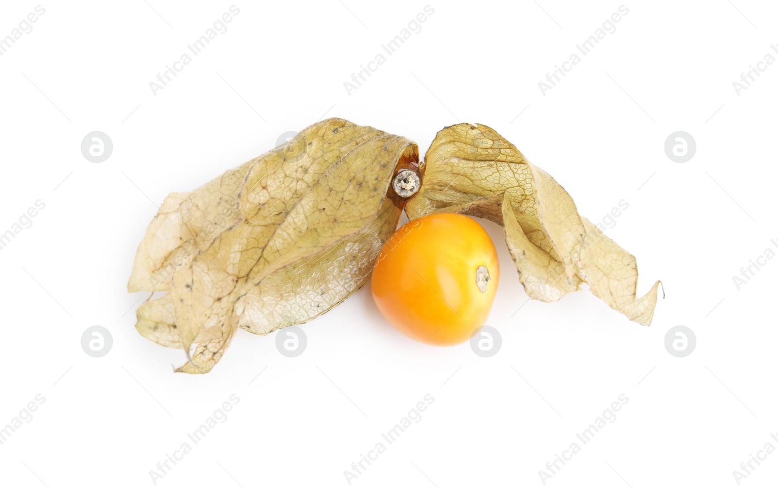 Photo of Ripe physalis fruit with calyx isolated on white, top view