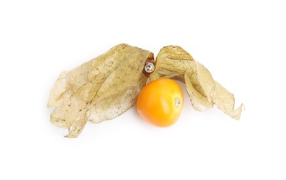 Ripe physalis fruit with calyx isolated on white, top view