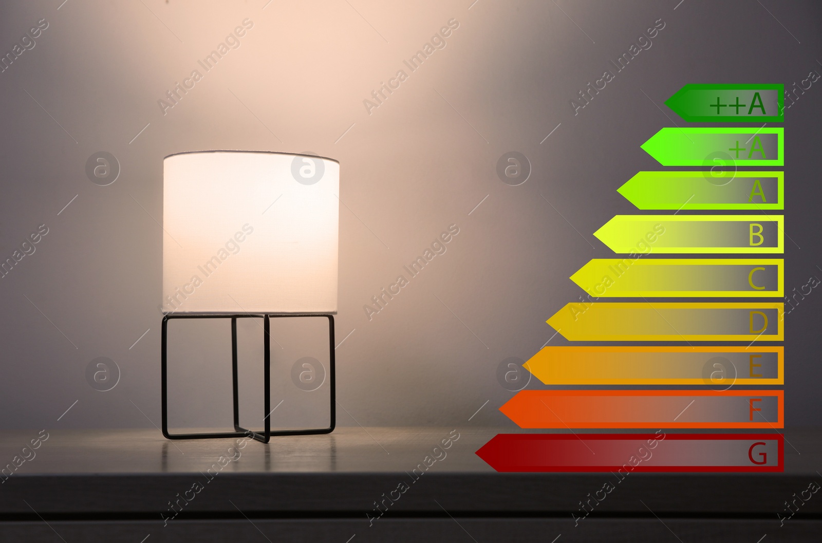 Image of Energy efficiency rating label and lamp on wooden table near grey wall indoors