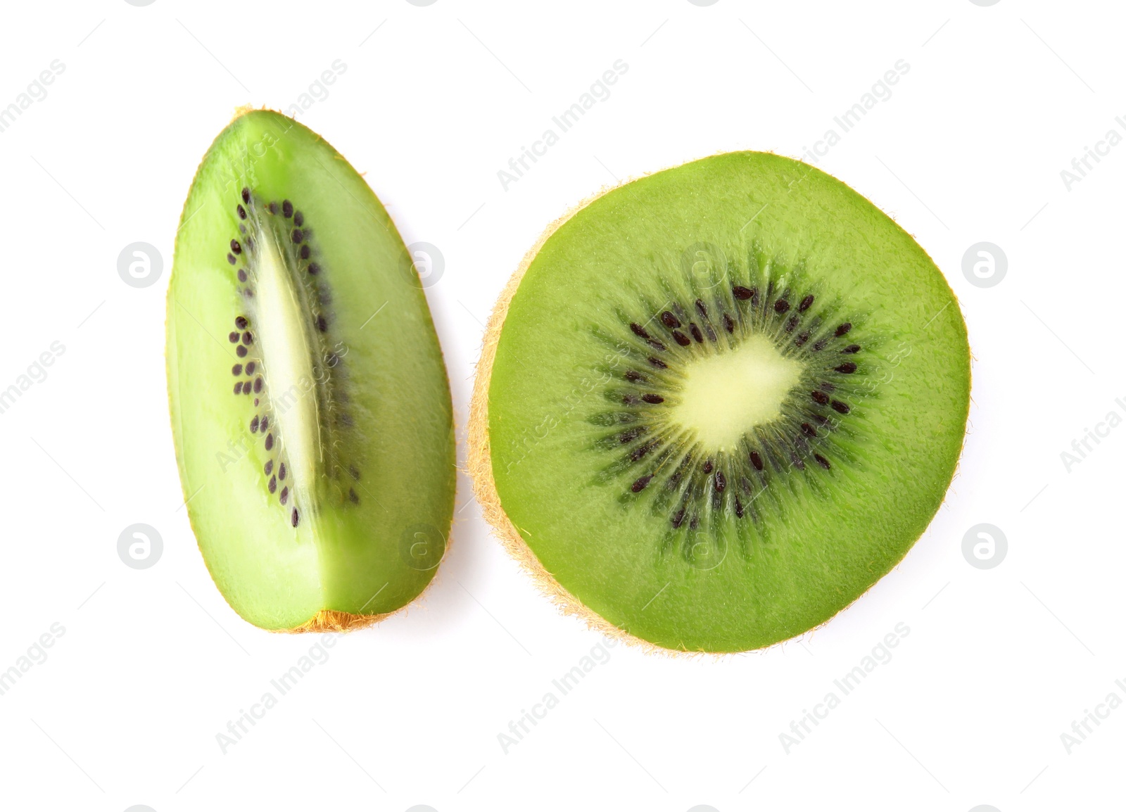 Photo of Pieces of fresh kiwis on white background