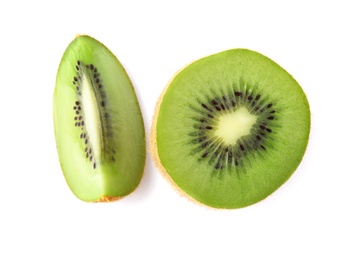 Pieces of fresh kiwis on white background