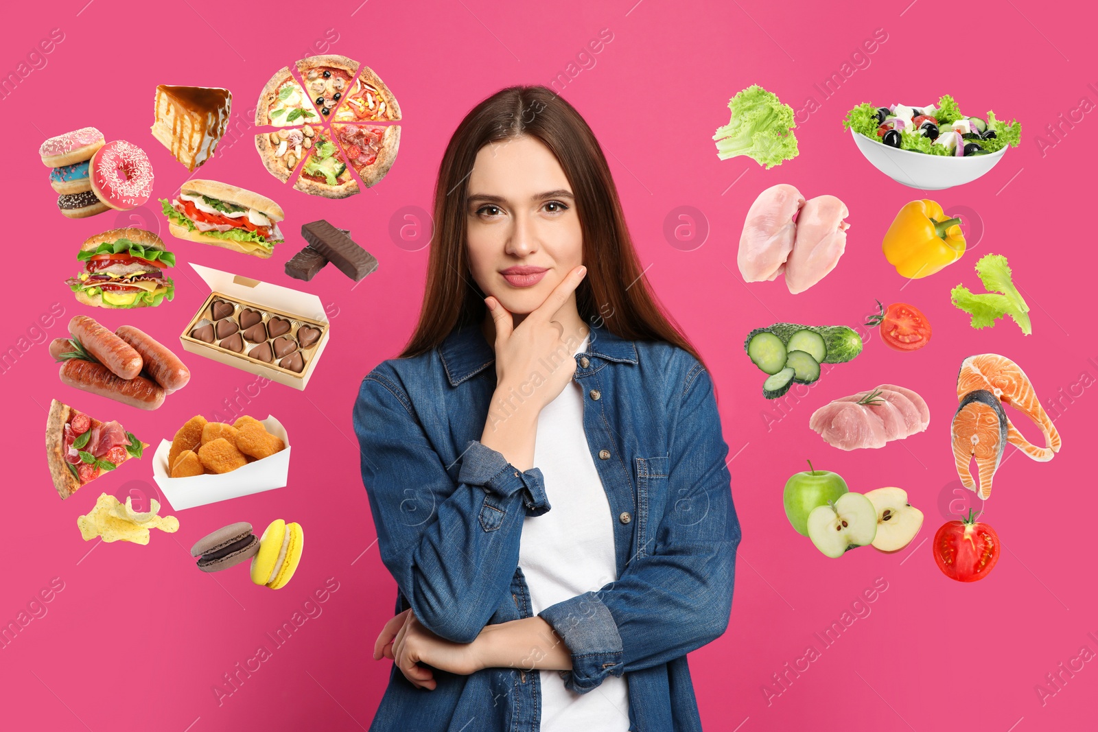 Image of Doubtful woman choosing between healthy and unhealthy food on pink background