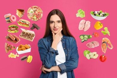 Image of Doubtful woman choosing between healthy and unhealthy food on pink background